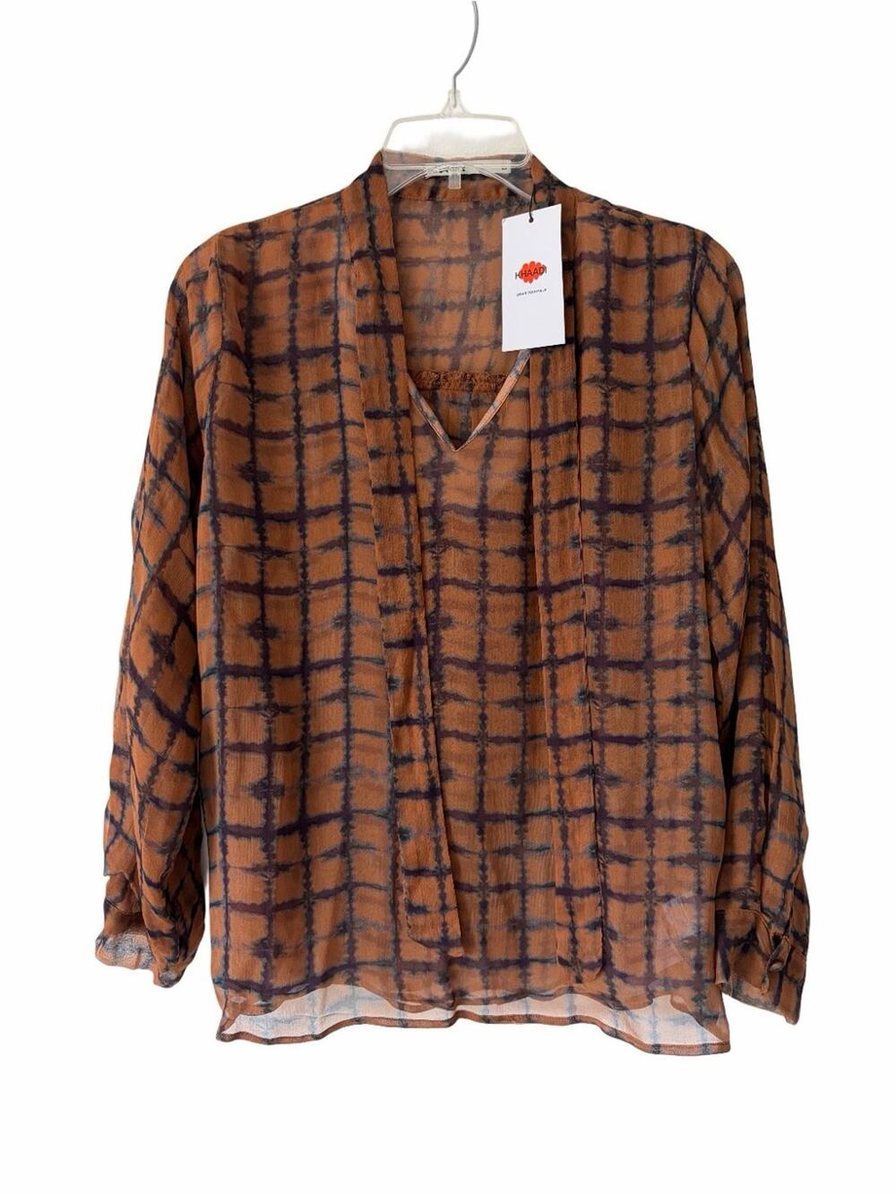 Khaadi NWTs Tie Neck Sheer Brown Plaid V-Neck Blouse size medium